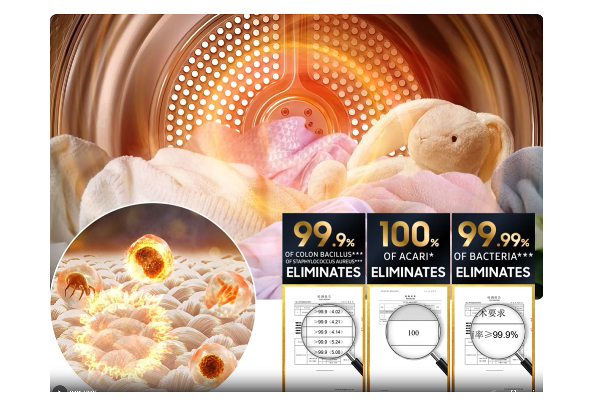 Απεικονίζεται κοντινό σε ρούχα που βρίσκονται στο εσωτερικό του στεγνωτηρίου καθώς και υψηλά στατιστικά εξάλειψης μικροβίων.